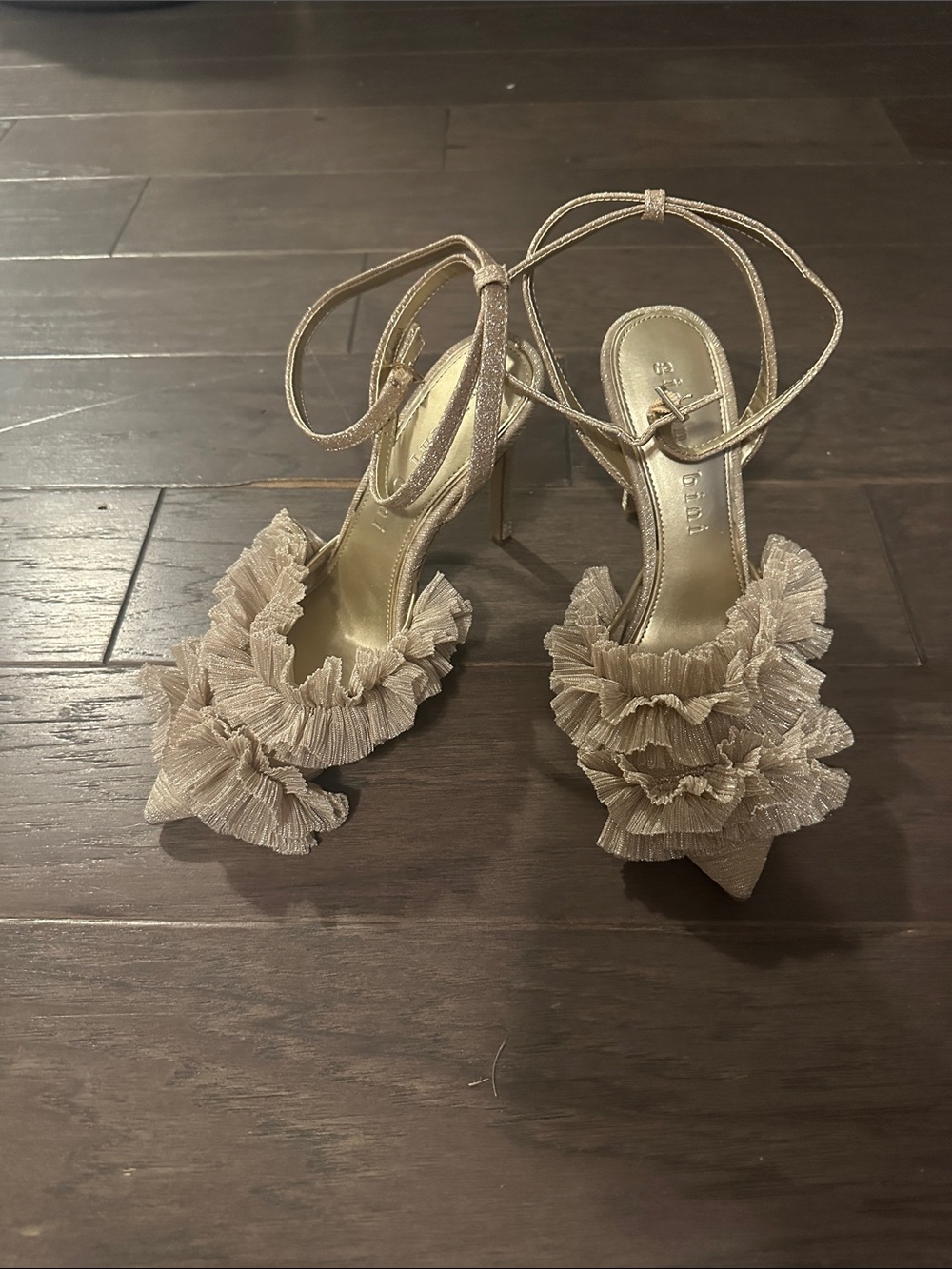 Gianni Bini Gold Ruffle Ankle-Tie Stiletto Sandals